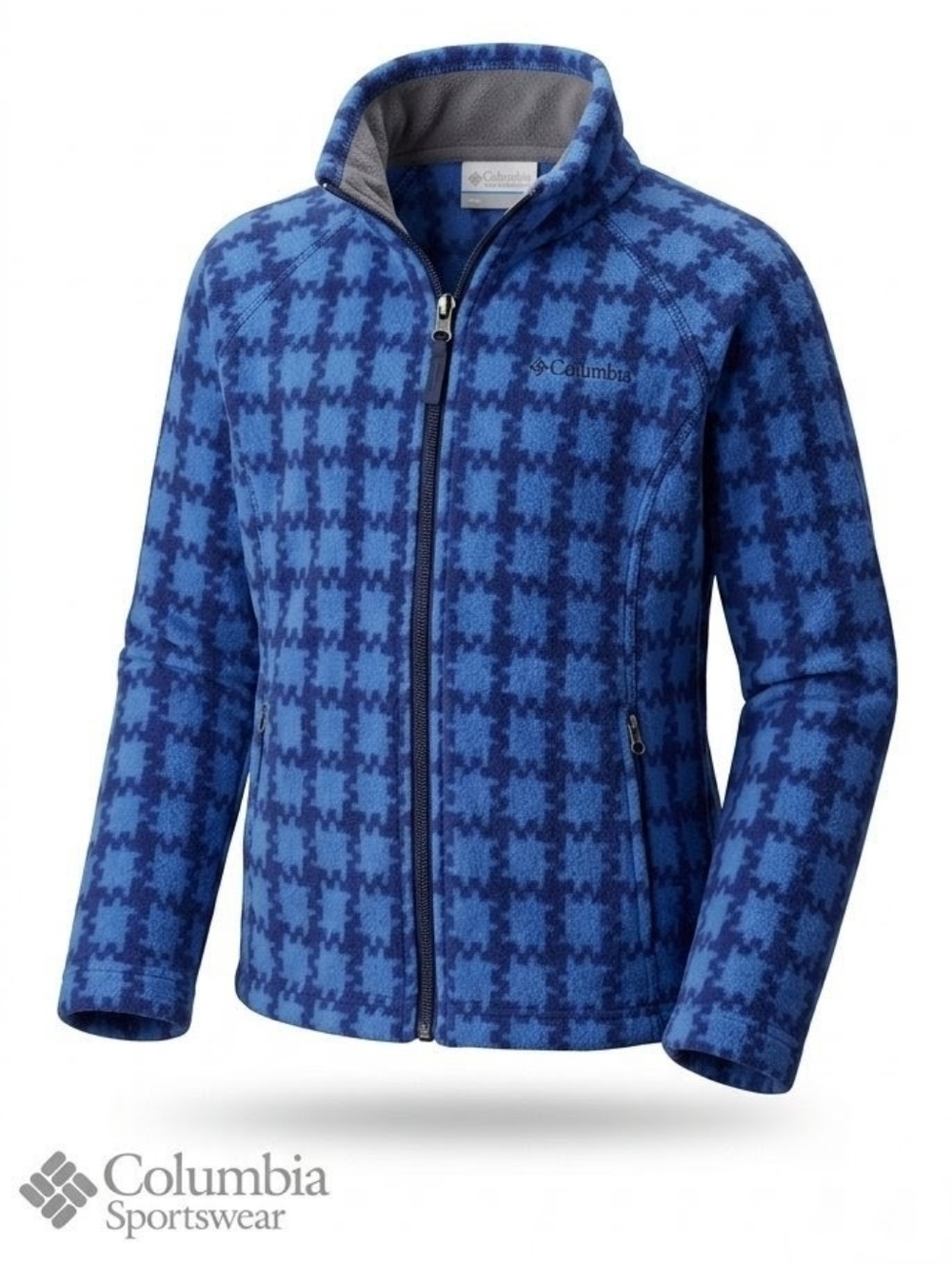 Columbia Girls Blue Houndstooth Full-Zip Fleece Jacket Size XS